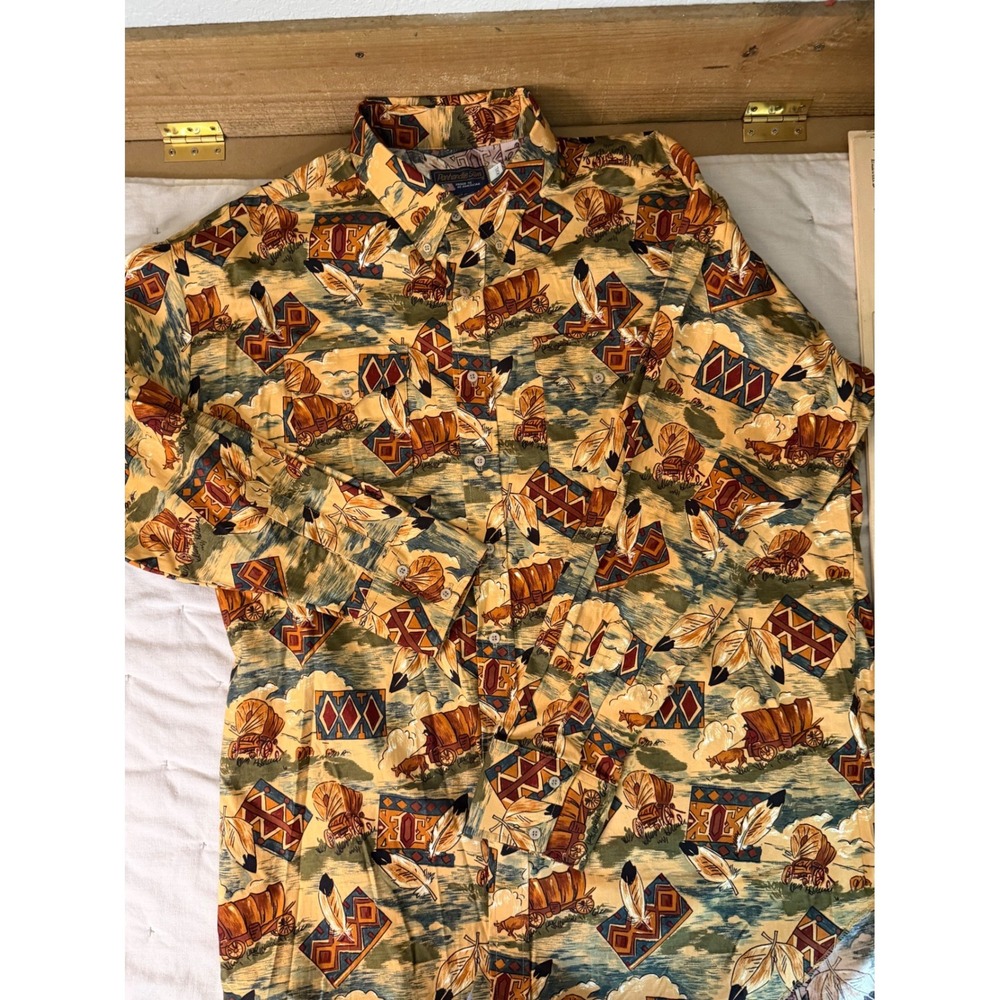 Panhandle Slim XXL Cowboy‎ Shirt Wagon Feather Southwest Print  Long Shirt Tails